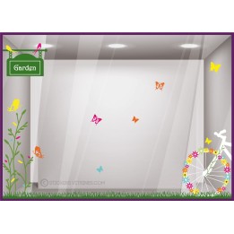 Kit de Stickers Au Jardin printemps mode fleuriste maroquinerie velo papillon vitrophanie devanture calicot vitrine