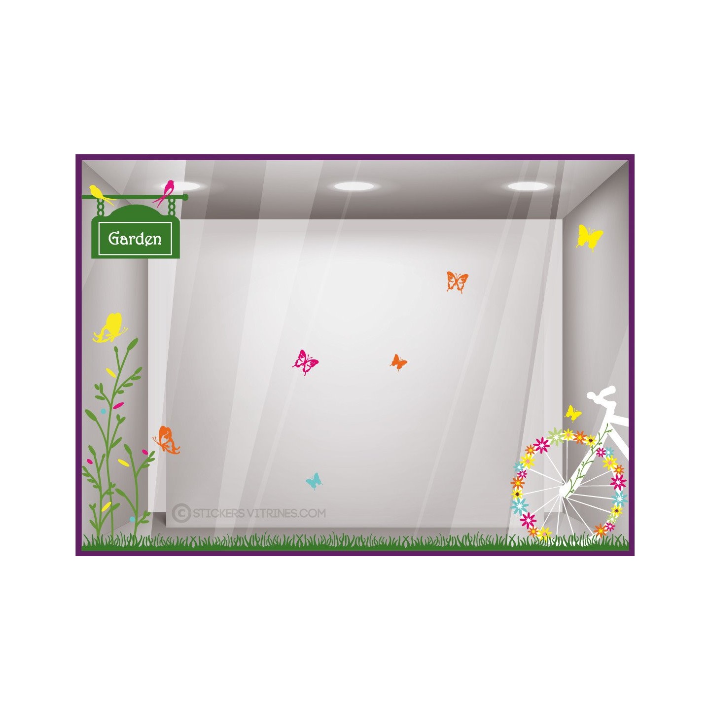 Kit de Stickers Au Jardin printemps mode fleuriste maroquinerie velo papillon vitrophanie devanture calicot vitrine