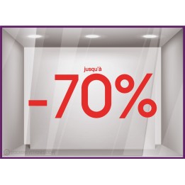 Sticker Jusqu'`a -70% vitrophanie pourcentage soldes promotion vitrine mode opticien lettrage texte devanture