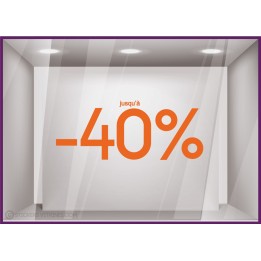 Sticker Jusqu'`a -40% vitrophanie autocollant pourcentage soldes lettrage promotion mode maroquinerie bijouterie