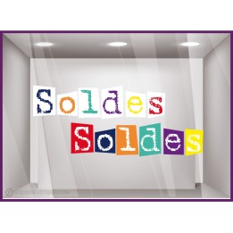 Sticker Soldes Dactylo Adhésif multicolore carré originale collez devanture de magasin commerce autocollant adhésif