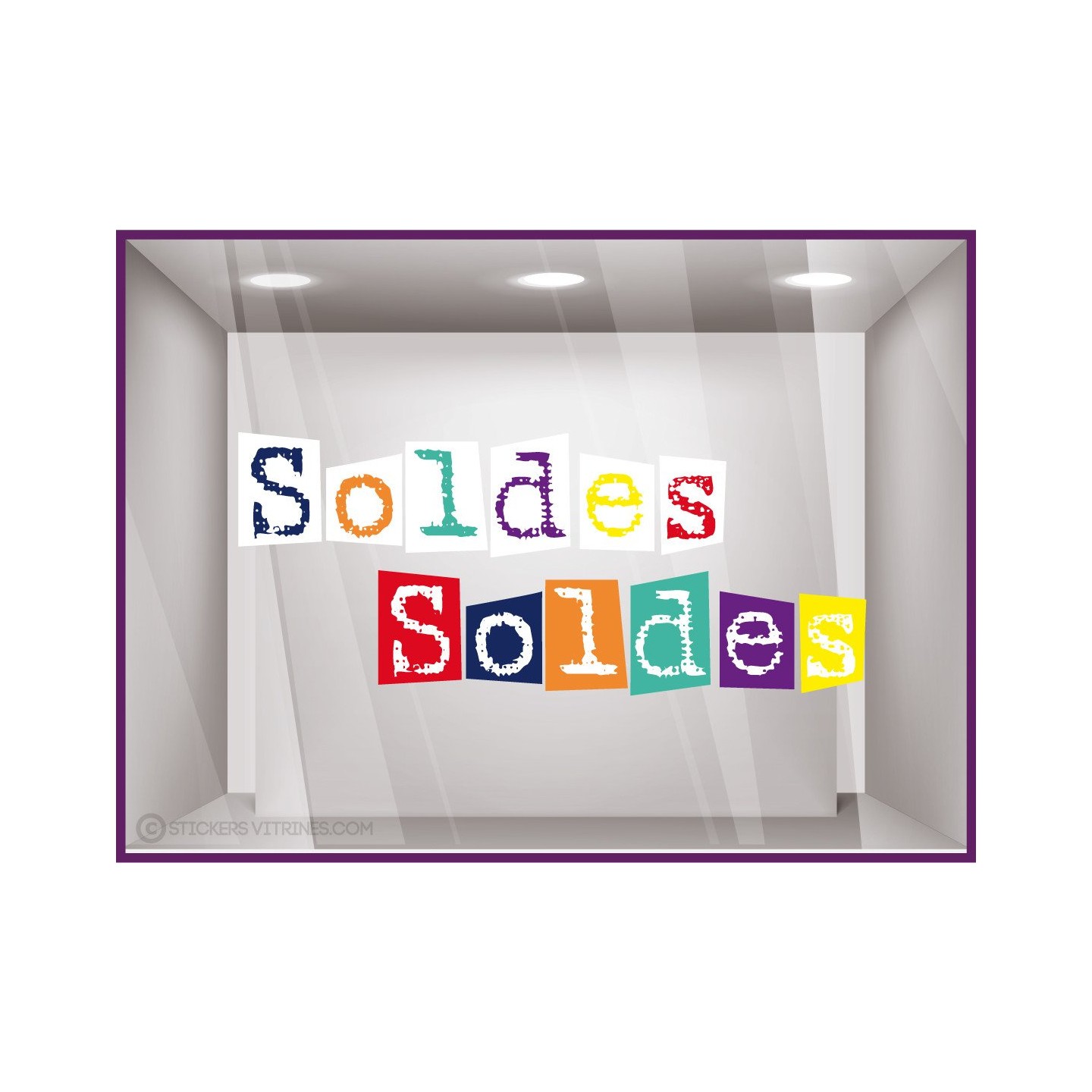 Sticker Soldes Dactylo Adhésif multicolore carré originale collez devanture de magasin commerce autocollant adhésif