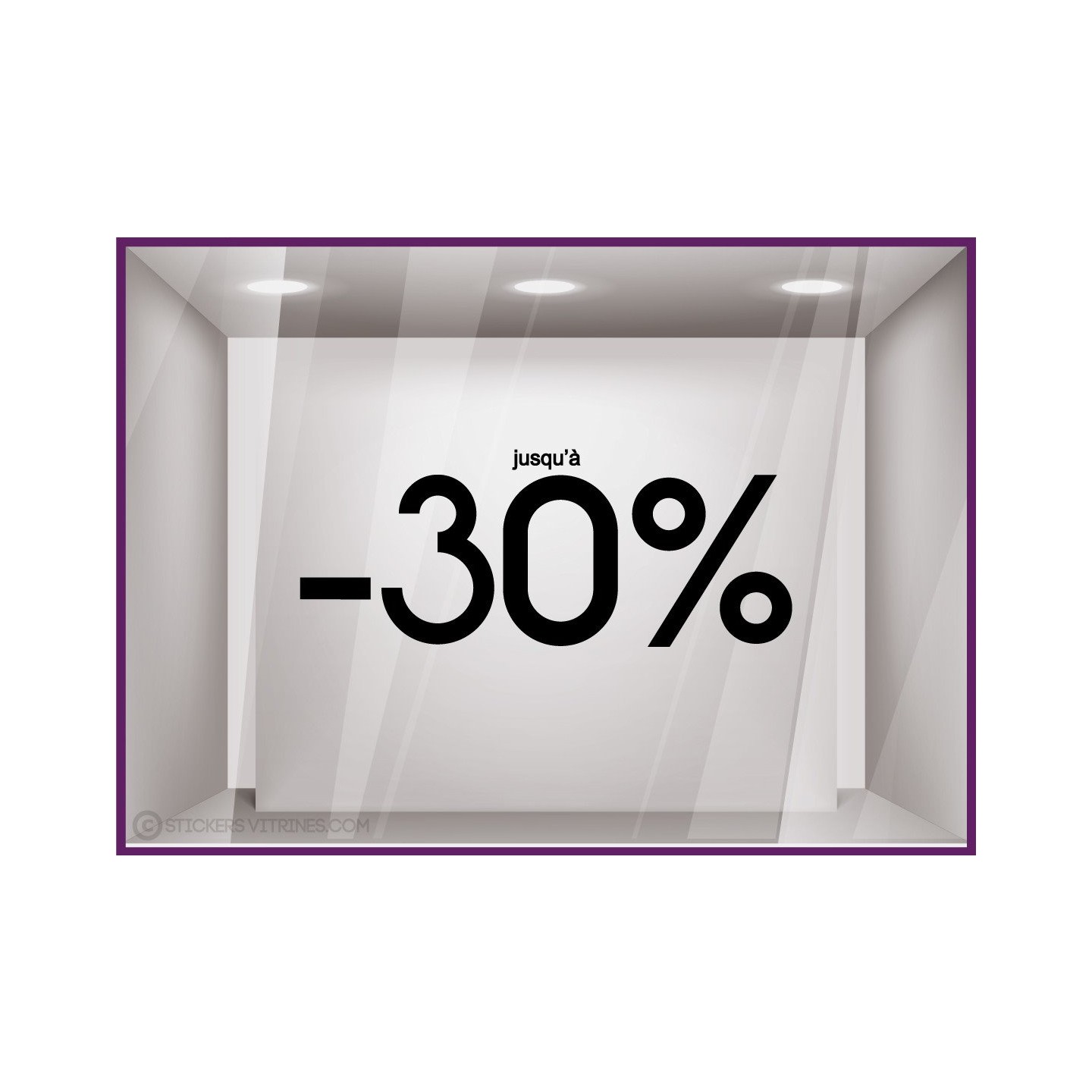 Sticker Jusqu'`a -30% lettrage autocollant géant mode maroquinerie bijouterie opticien vitrophanie