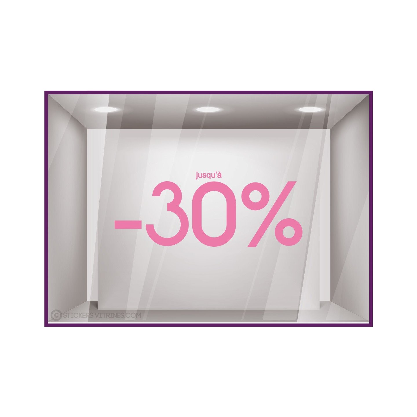 Sticker Jusqu'`a -30% lettrage autocollant géant mode maroquinerie bijouterie opticien vitrophanie