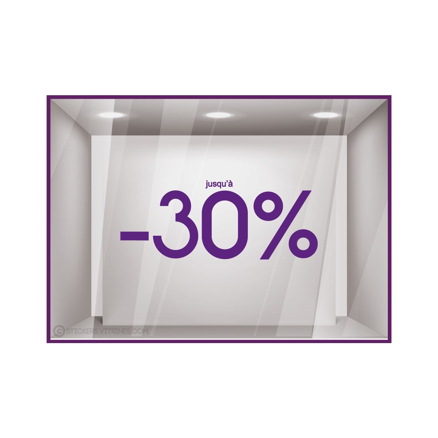 Sticker Jusqu'`a -30% lettrage autocollant géant mode maroquinerie bijouterie opticien vitrophanie