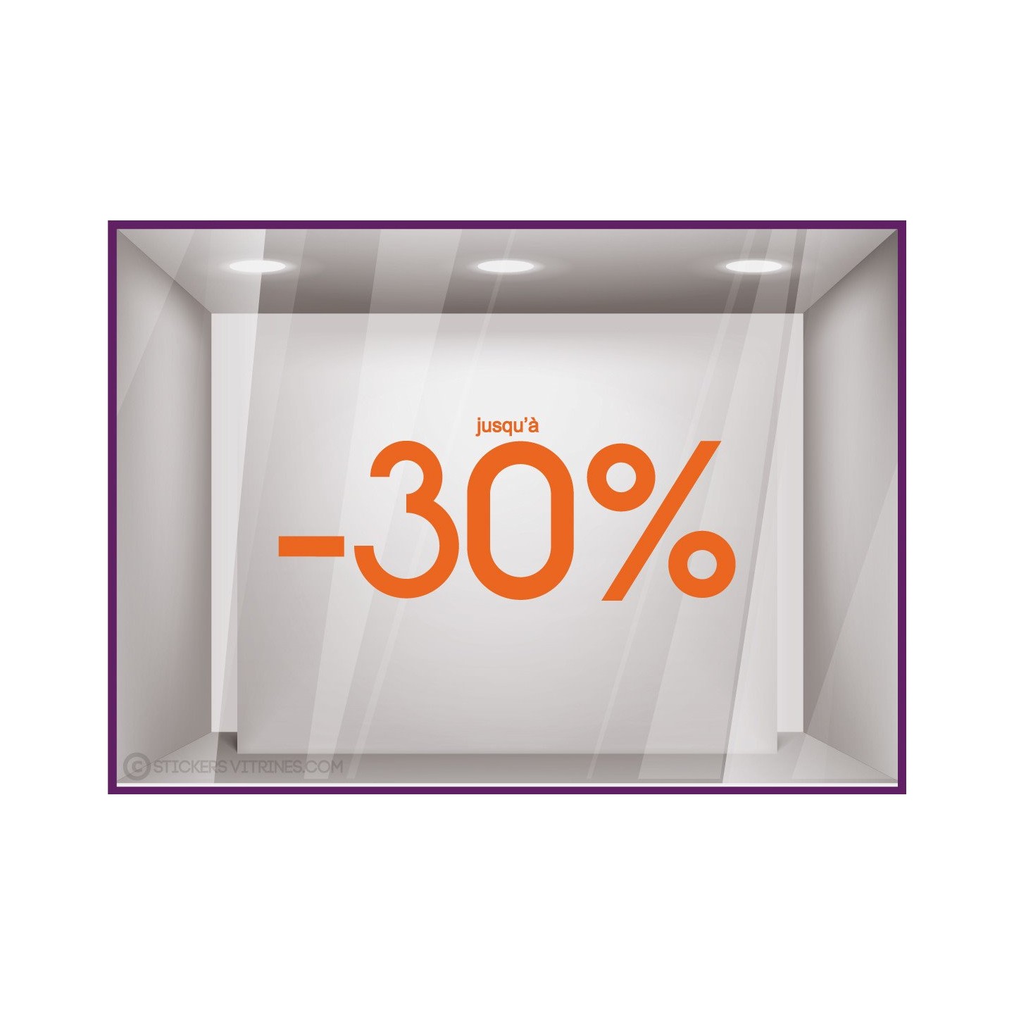 Sticker Jusqu'`a -30% lettrage autocollant géant mode maroquinerie bijouterie opticien vitrophanie