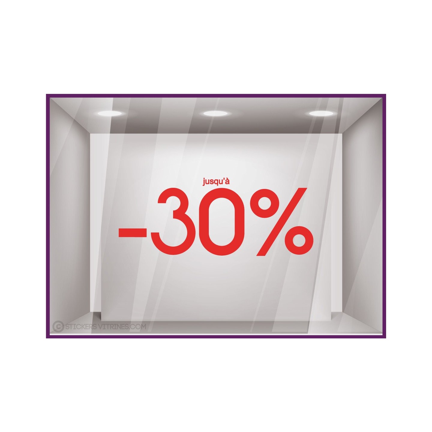 Sticker Jusqu'`a -30% lettrage autocollant géant mode maroquinerie bijouterie opticien vitrophanie