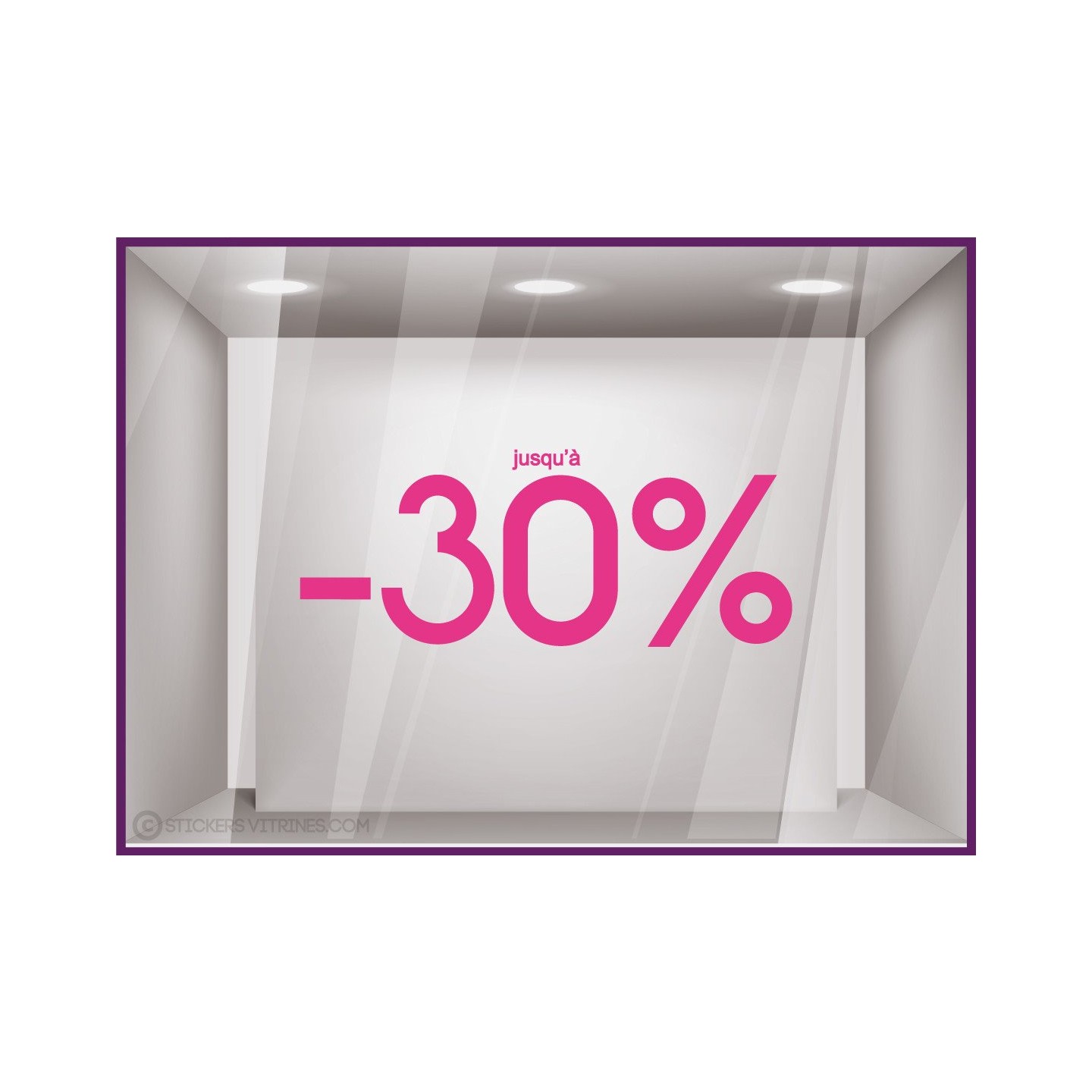 Sticker Jusqu'`a -30% lettrage autocollant géant mode maroquinerie bijouterie opticien vitrophanie