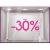 Sticker Jusqu'`a -30% lettrage autocollant géant mode maroquinerie bijouterie opticien vitrophanie