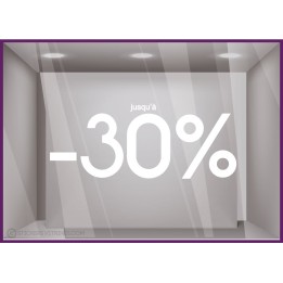 Sticker Jusqu'`a -30% lettrage autocollant géant mode maroquinerie bijouterie opticien vitrophanie