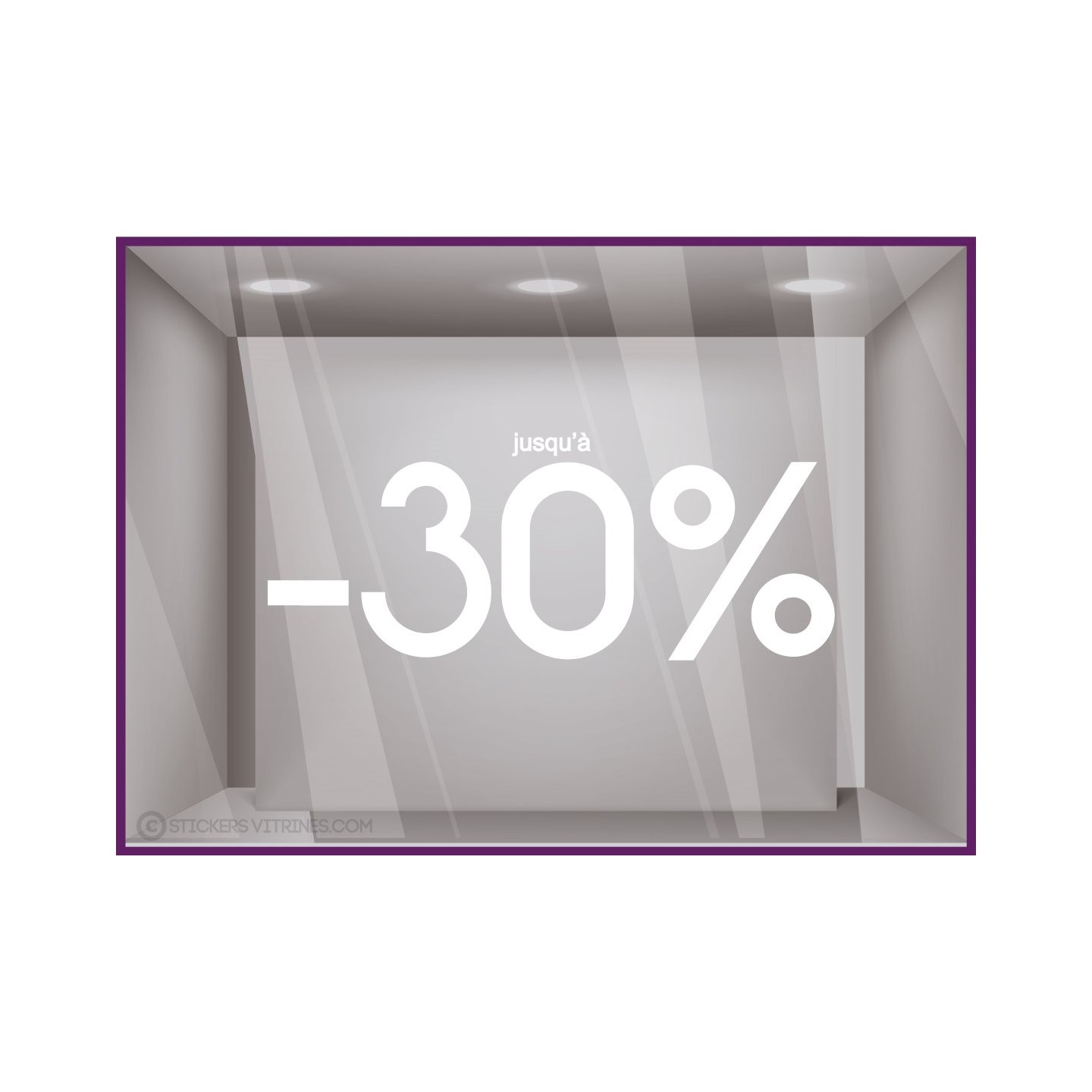 Sticker Jusqu'`a -30% lettrage autocollant géant mode maroquinerie bijouterie opticien vitrophanie