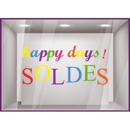 Sticker Soldes Happy Days calicot lettrage adhesif boutique mode opticien parfumerie devanture vitrophanie 