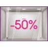 Sticker Jusqu'`a -50% soldes promotion destockage braderie liquidation mode maroquinerie devanture lettrage adhesif