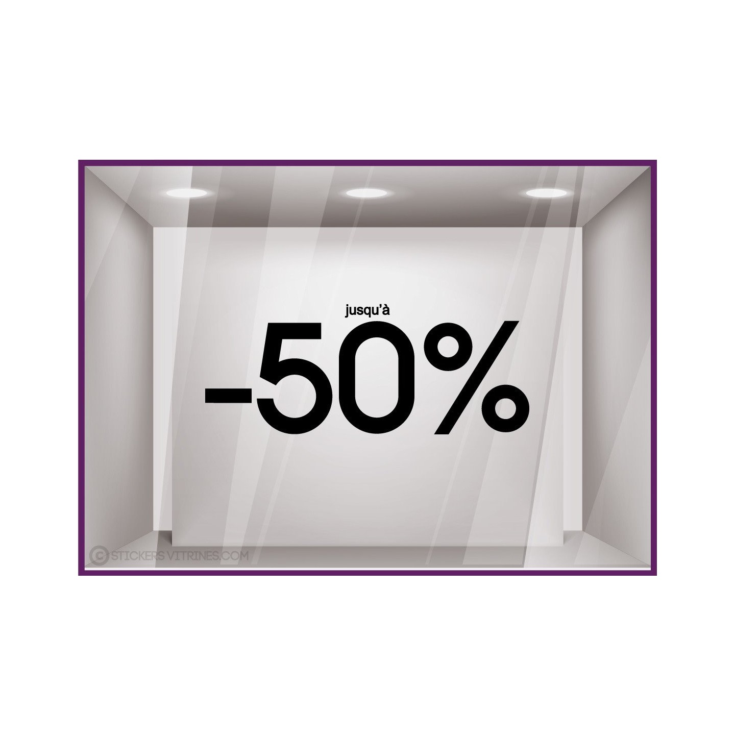 Sticker Jusqu'`a -50% soldes promotion destockage braderie liquidation mode maroquinerie devanture lettrage adhesif