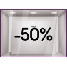 Sticker Jusqu'`a -50% soldes promotion destockage braderie liquidation mode maroquinerie devanture lettrage adhesif