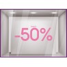 Sticker Jusqu'`a -50% soldes promotion destockage braderie liquidation mode maroquinerie devanture lettrage adhesif