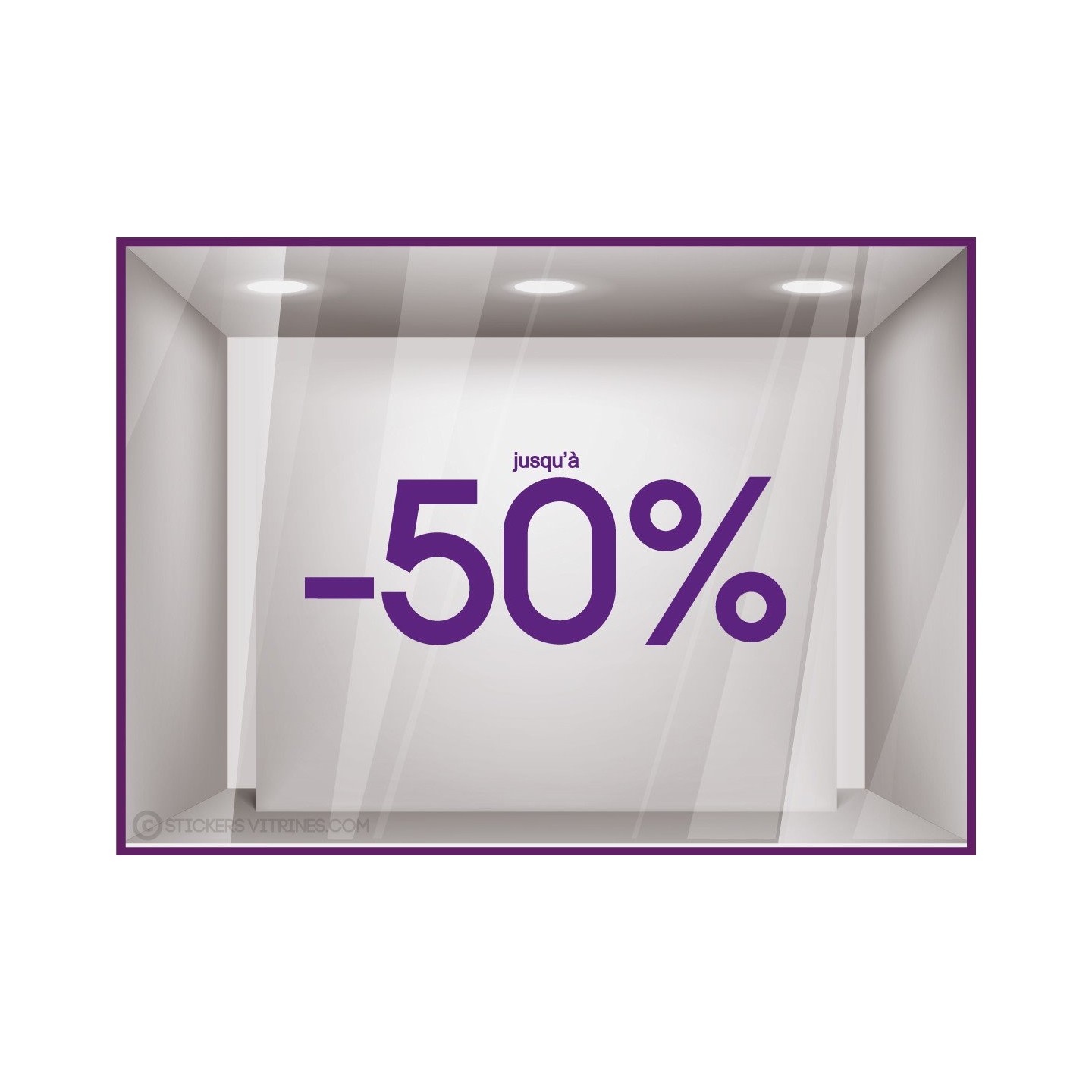 Sticker Jusqu'`a -50% soldes promotion destockage braderie liquidation mode maroquinerie devanture lettrage adhesif