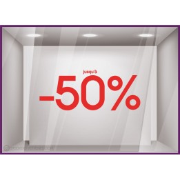 Sticker Jusqu'`a -50% soldes promotion destockage braderie liquidation mode maroquinerie devanture lettrage adhesif