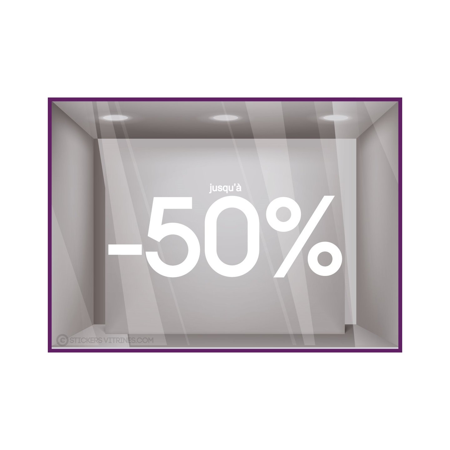 Sticker Jusqu'`a -50% soldes promotion destockage braderie liquidation mode maroquinerie devanture lettrage adhesif