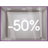 Sticker Jusqu'`a -50% soldes promotion destockage braderie liquidation mode maroquinerie devanture lettrage adhesif