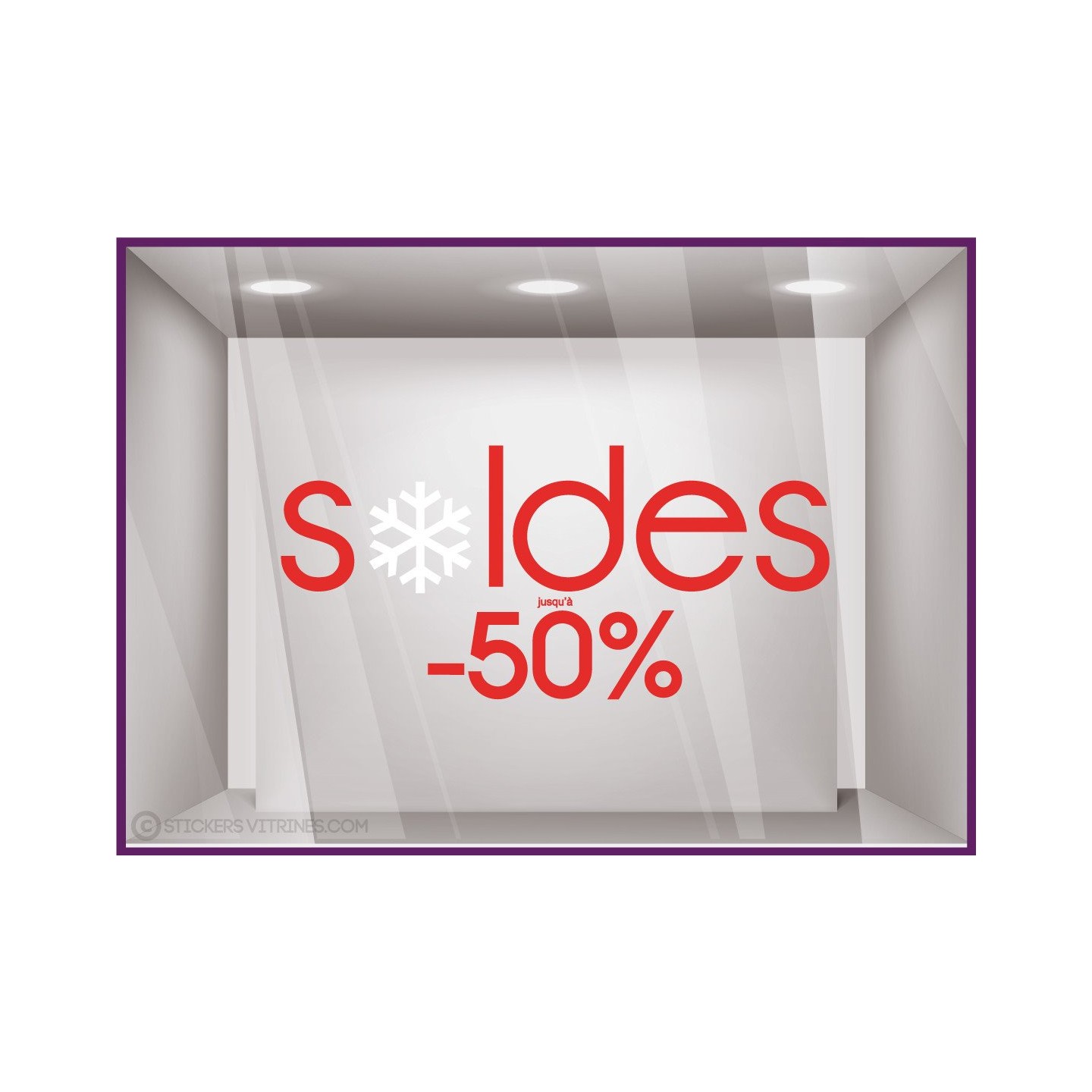 Sticker Soldes Flocons Jusqu'`a -50% braderie destockage liquidation mode maroquinerie hiver opticien commerce vitrophanie