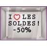 Sticker I Love les Soldes promotions destockage braderie liquidation maroquinerie mode bijouterie lettrage adhesif