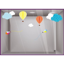 Kit de Stickers Cerfs-volants Montgolfières nuage calicot vitrine commerce boutique adhesif vitrophanie