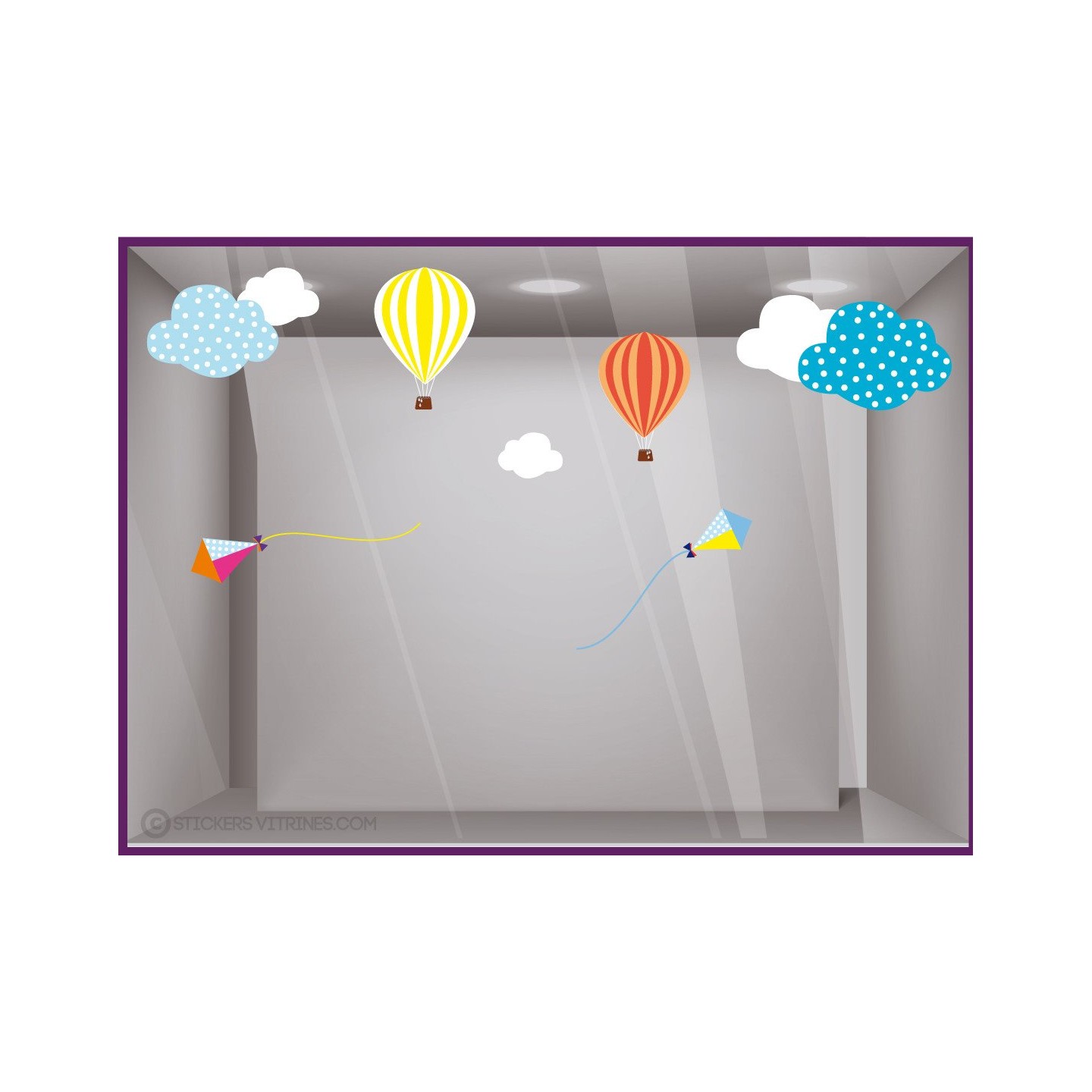 Kit de Stickers Cerfs-volants Montgolfières nuage calicot vitrine commerce boutique adhesif vitrophanie