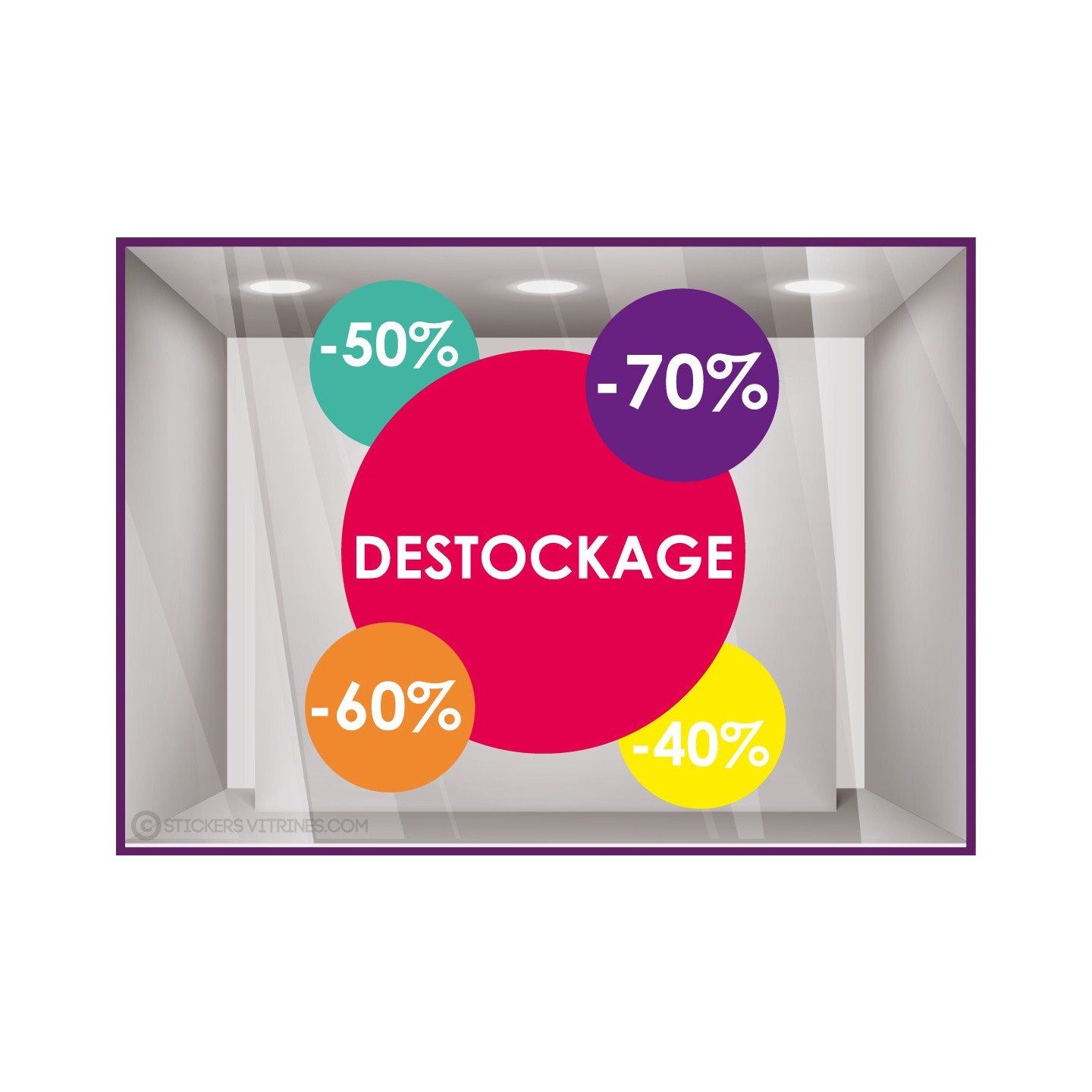 Sticker Ronds Destockage Pourcentages promotions remise vitrophanie mode devanture maroquinerie boutique