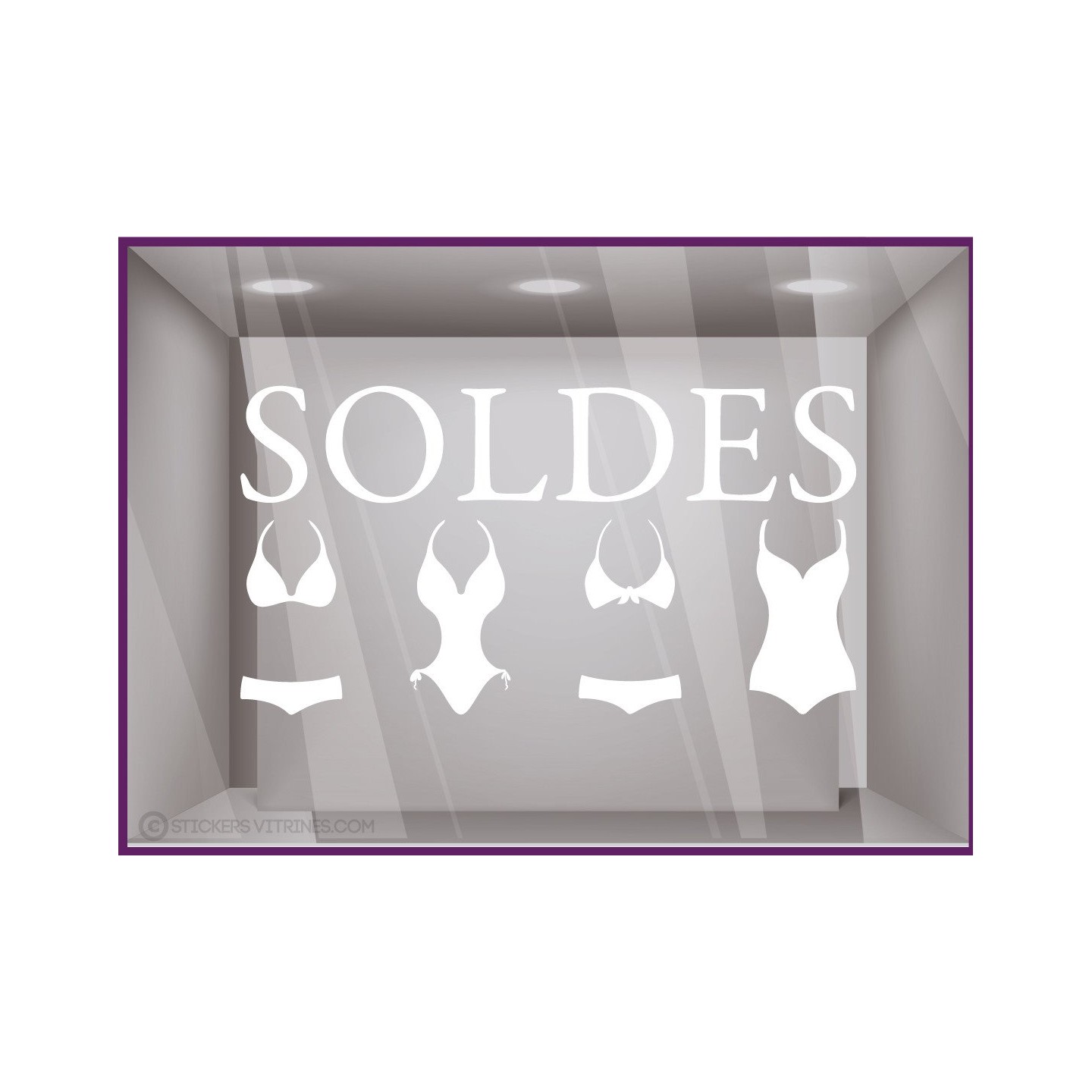 Sticker Soldes Maillots de bain ete mode bord de mer lettrage adhésif calicot vitrophanie destockage braderie liquidation stock
