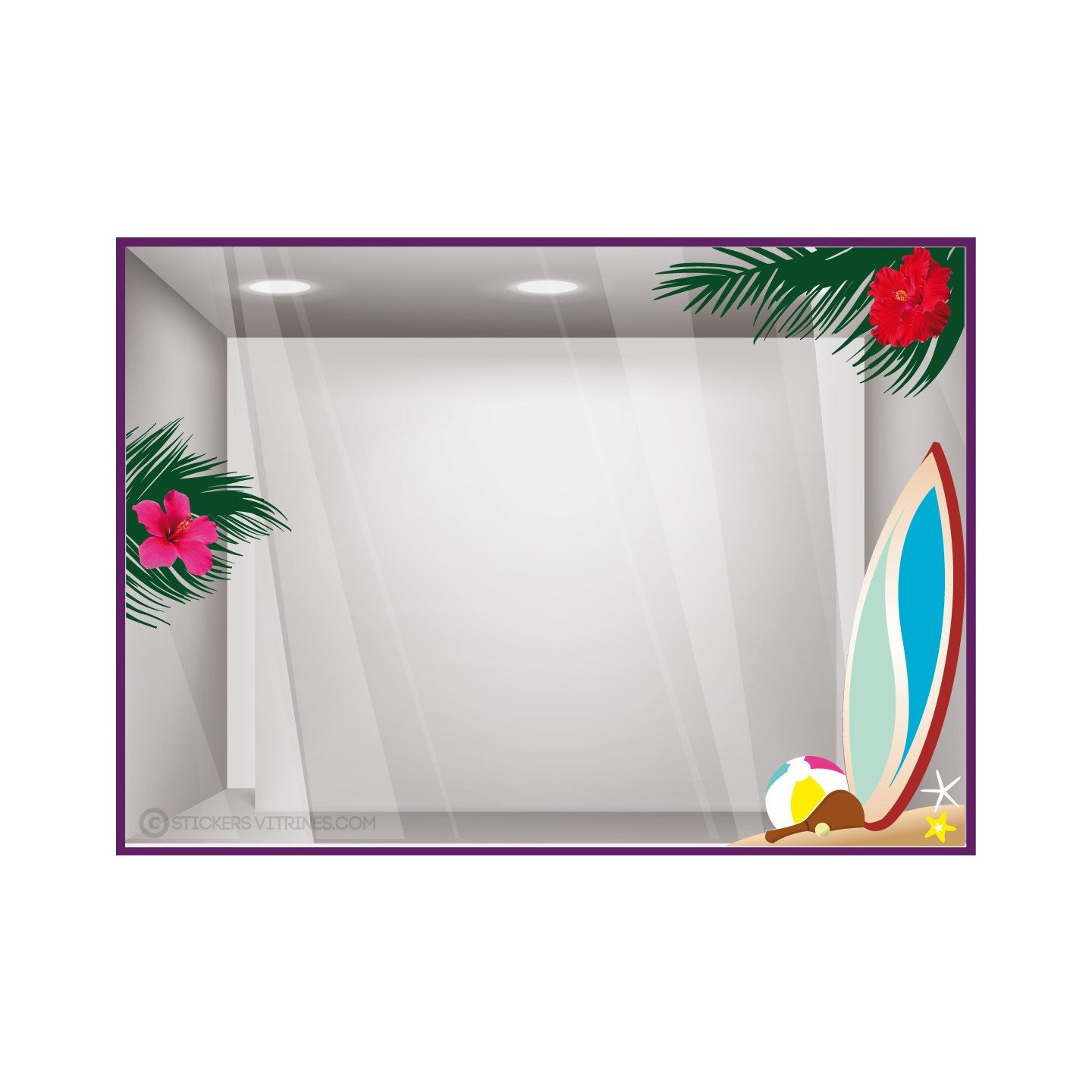 Kit de stickers surf cocotiers été devanture magasin calicot vacances bord de mer mode vitrophanie enseigne commerce adhesif