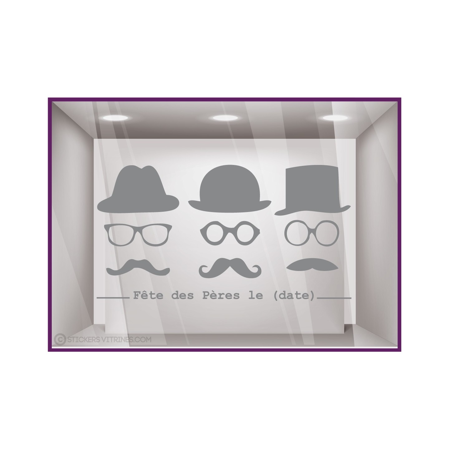 Sticker Fête des Pères papas mode chapeau lunette opticien parfumerie accessoire lettrage adhesif calicot devanture commerce