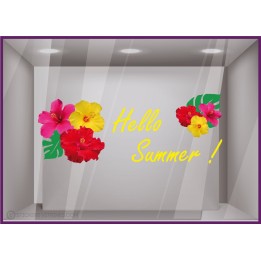 Sticker Hello Summer ete fleurs lettrage adhésif mode parfumerie bord de mer agence de voyages calicot vitrophanie magasin 