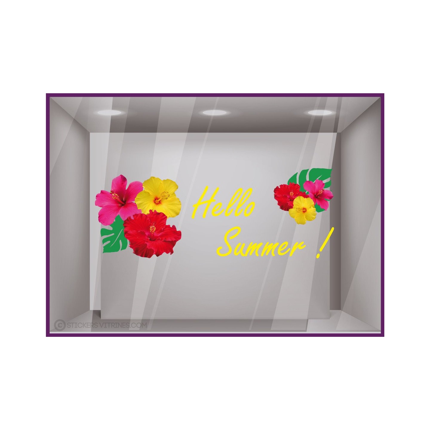Sticker Hello Summer ete fleurs lettrage adhésif mode parfumerie bord de mer agence de voyages calicot vitrophanie magasin 
