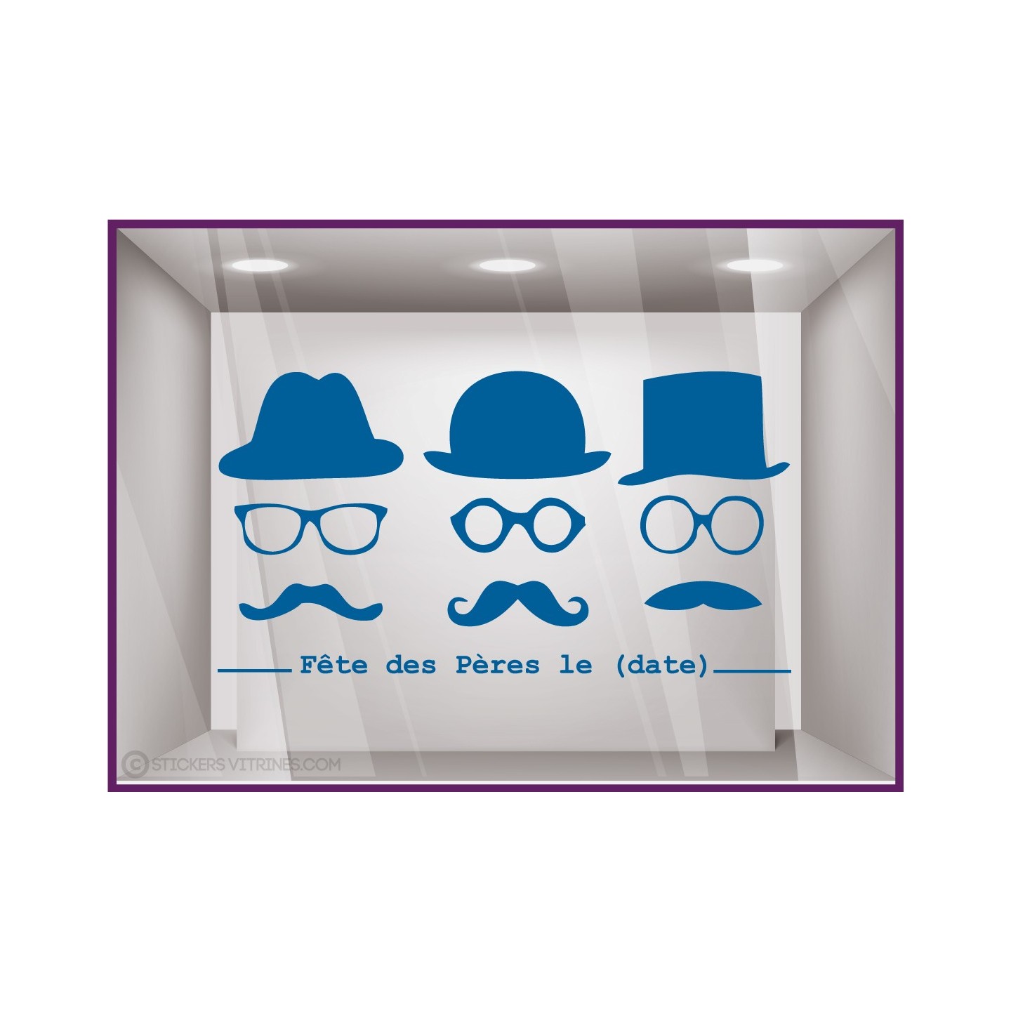 Sticker Fête des Pères papas mode chapeau lunette opticien parfumerie accessoire lettrage adhesif calicot devanture commerce