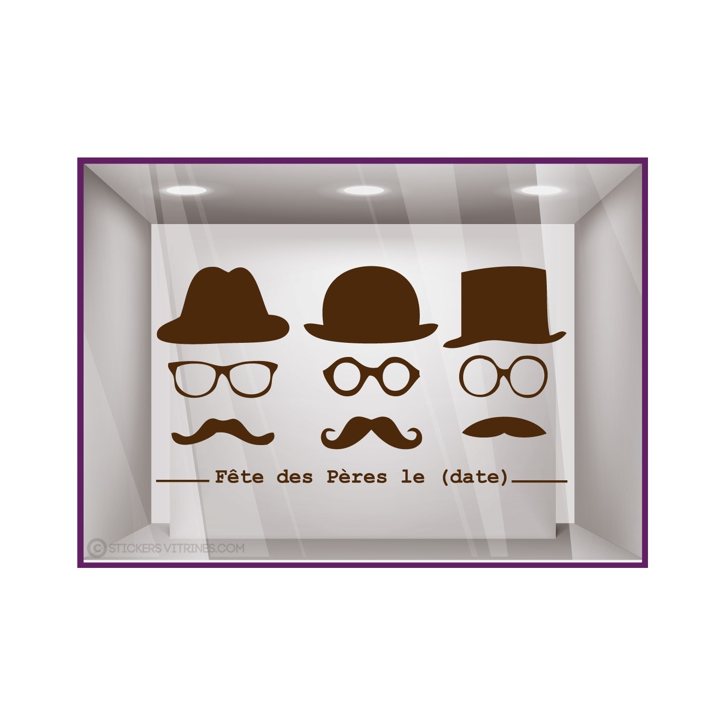 Sticker Fête des Pères papas mode chapeau lunette opticien parfumerie accessoire lettrage adhesif calicot devanture commerce
