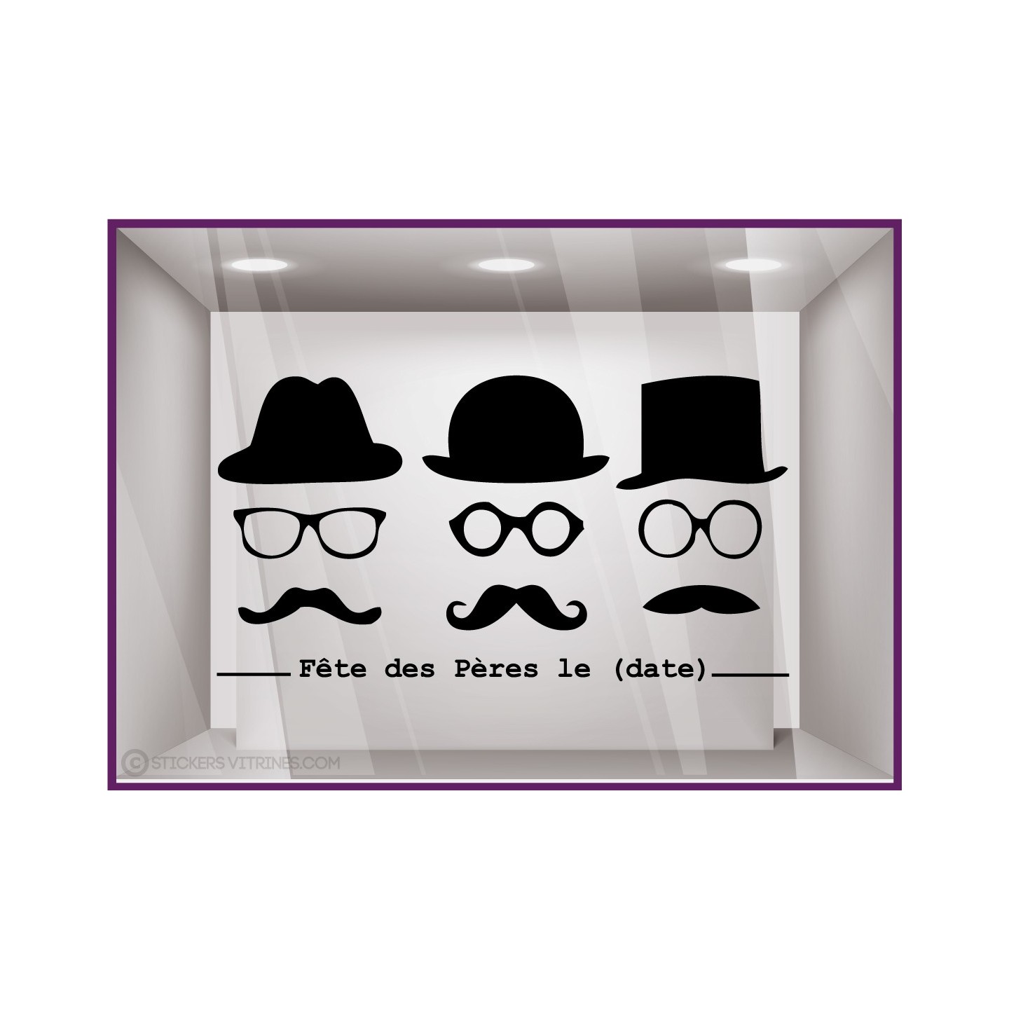 Sticker Fête des Pères papas mode chapeau lunette opticien parfumerie accessoire lettrage adhesif calicot devanture commerce