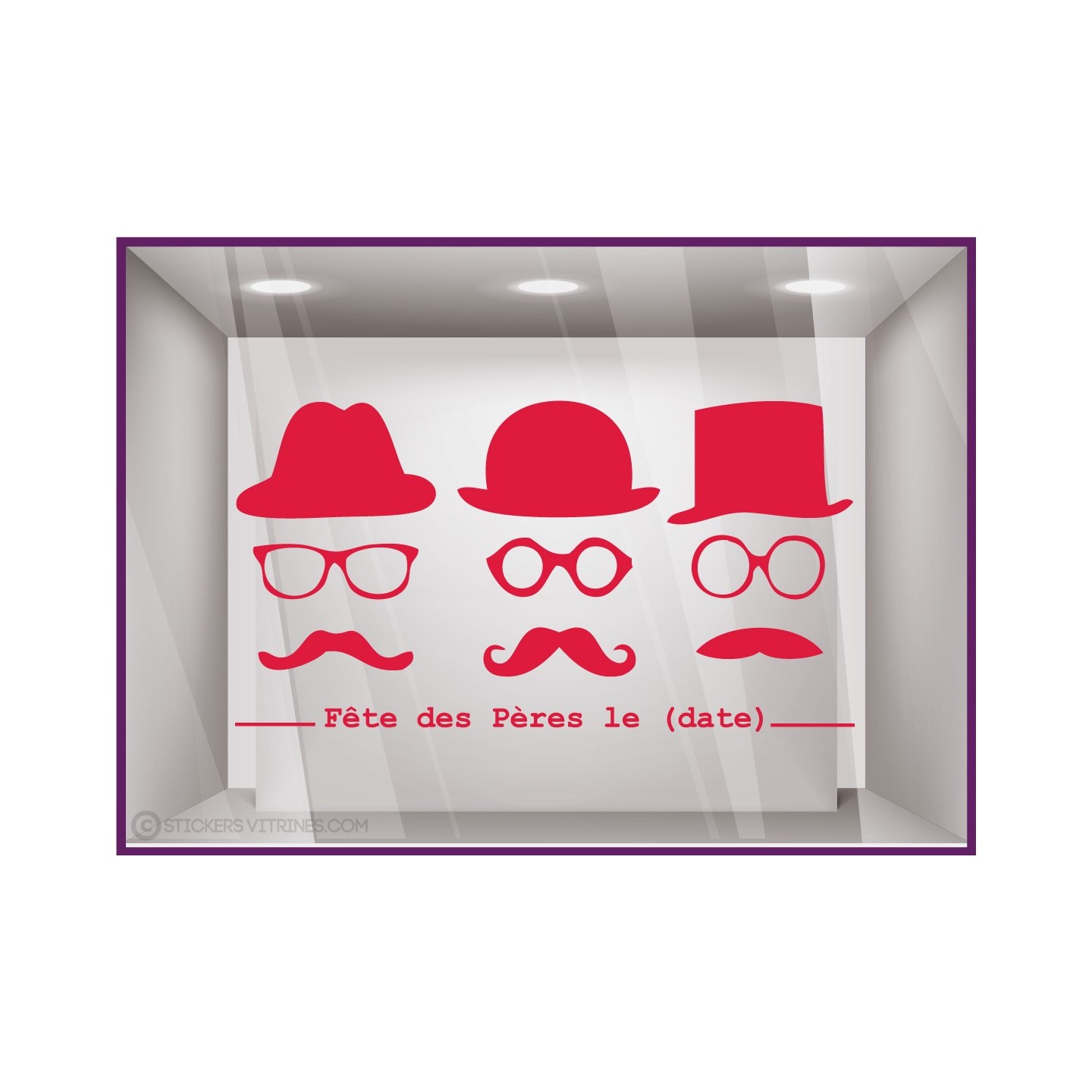 Sticker Fête des Pères papas mode chapeau lunette opticien parfumerie accessoire lettrage adhesif calicot devanture commerce