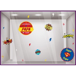 Kit de Stickers Fête des pères Comics papa calicot devanture magasin mode maroquinerie librairie lettrage adhesif vitrophanie 