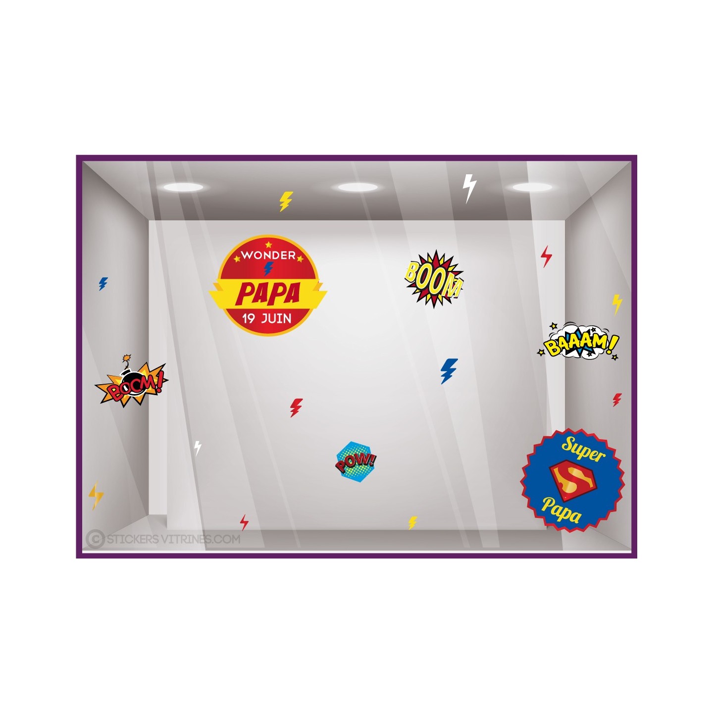 Kit de Stickers Fête des pères Comics papa calicot devanture magasin mode maroquinerie librairie lettrage adhesif vitrophanie 
