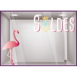 Kit de Sticker Soldes Flamant Rose Ananas vitrophanie vitrine mode maroquinerie destockage braderie liquidation promotion