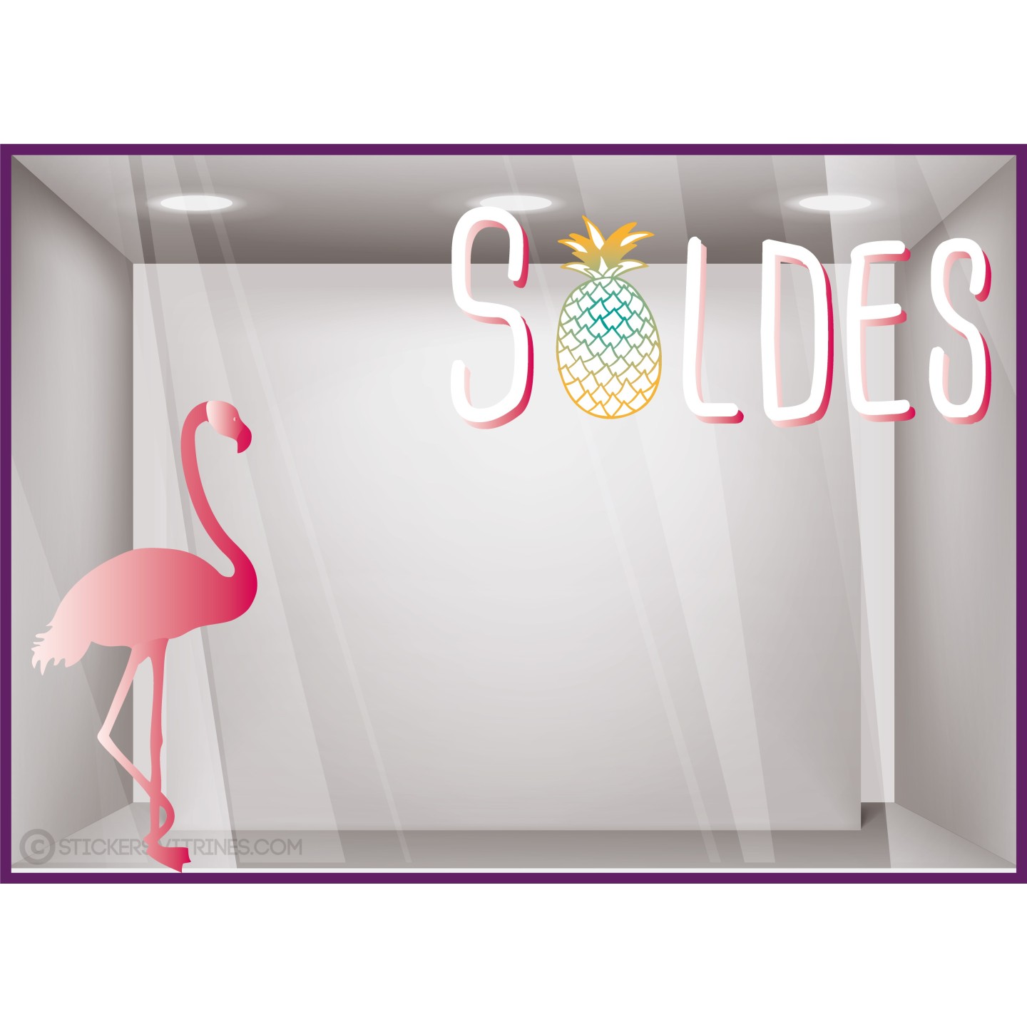 Kit de Sticker Soldes Flamant Rose Ananas vitrophanie vitrine mode maroquinerie destockage braderie liquidation promotion