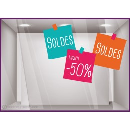 Sticker Soldes Post it promotion destockage braderie liquidation lettrage adhesif vitrophanie pourcentage vitrine