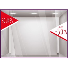 Sticker Soldes Drapeau pourcentage bandeau lettrage vitrophanie mode sport opticien maroquinerie beaute vitrine destockage