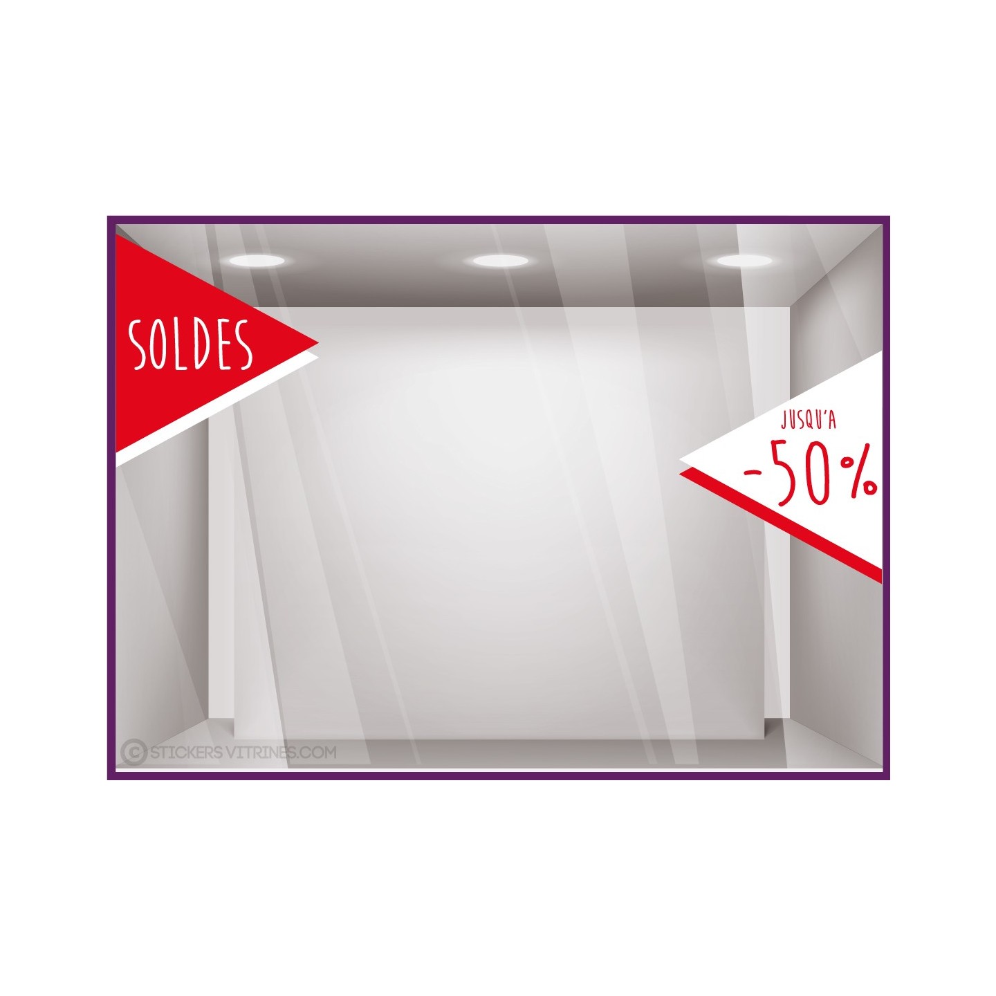 Sticker Soldes Drapeau pourcentage bandeau lettrage vitrophanie mode sport opticien maroquinerie beaute vitrine destockage