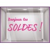 Sticker Bonjour Les Soldes destockage braderie liquidation lettrage promotion mode maroquinerie vitrophanie