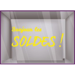 Sticker Bonjour Les Soldes destockage braderie liquidation lettrage promotion mode maroquinerie vitrophanie