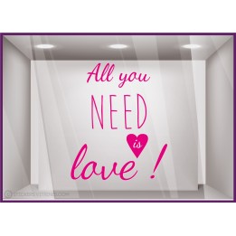Kit de sticker All you need is love devanture vitrine calicot adhesif lettrage autocollant mode bijouterie vitre restaurant