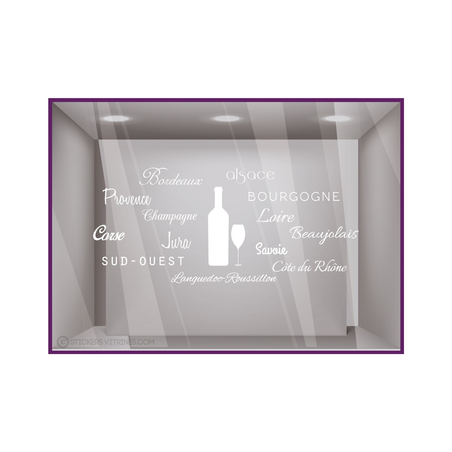 Sticker Cépages Bouteille et Verre IDEE DECORATION  DEVANTURE CAVISTES RESTAURANTS VITRES TRAITEUR VITRINE