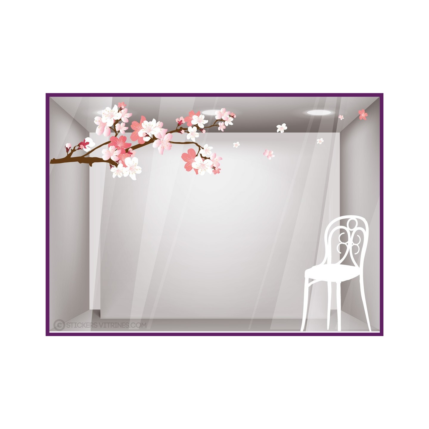 Kit de Sticker Branche de cerisier et chaise de jardin vitrophanie calicot vitrine devanture
